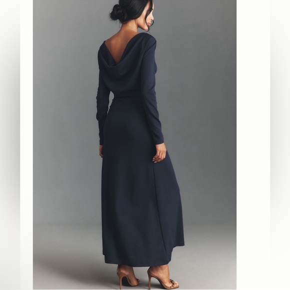 Nwt anthro Elegant long sleeve cowl back navy maxi Dress - Picture 2 of 5